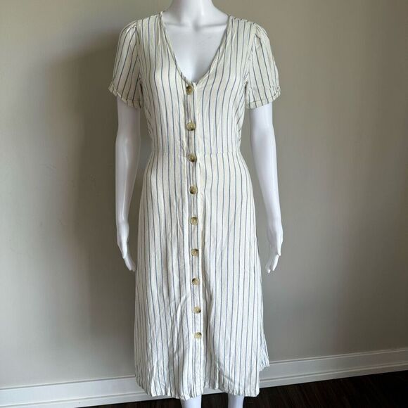 Old Navy Blue Striped V-Neck Button Midi Dress Sz XS - Picture 2 of 9